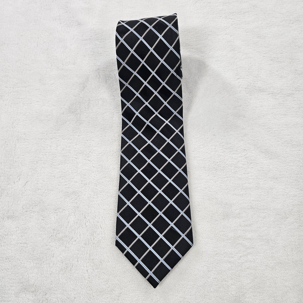Tommy Hilfiger Mens Silk Necktie Black Blue White Windowpane Check Plaid Tie